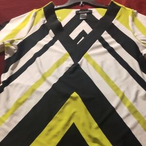 Ashley Stewart Green Black White Chevron V-Neck Top